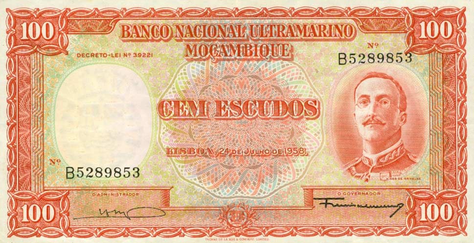 Front of Mozambique p107a: 100 Escudos from 1958