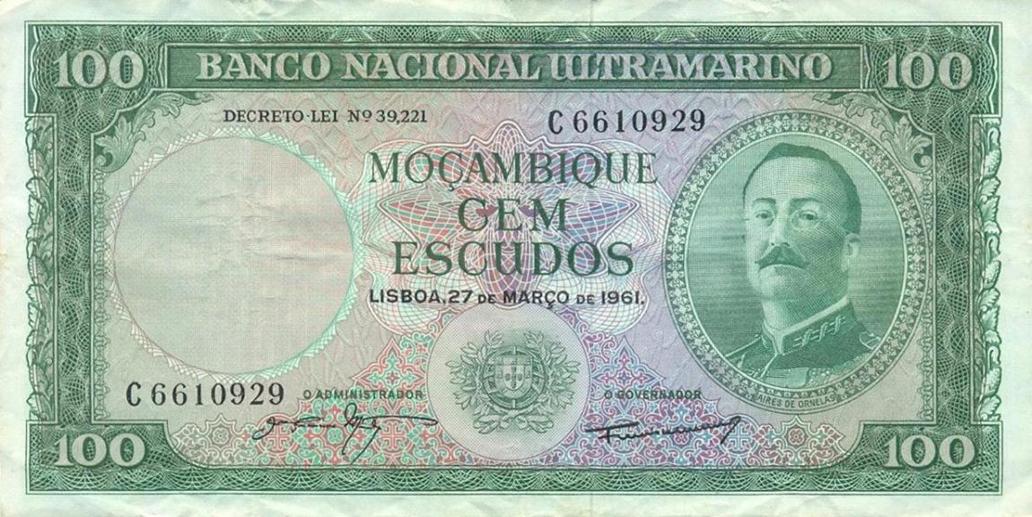 Front of Mozambique p109a: 100 Escudos from 1961