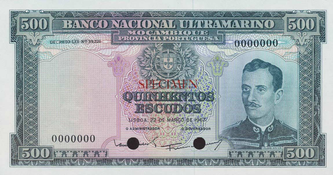 Front of Mozambique p110s: 500 Escudos from 1967