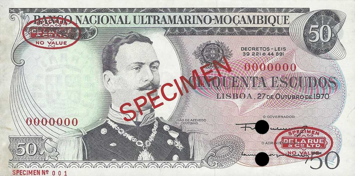 Front of Mozambique p111s: 50 Escudos from 1970