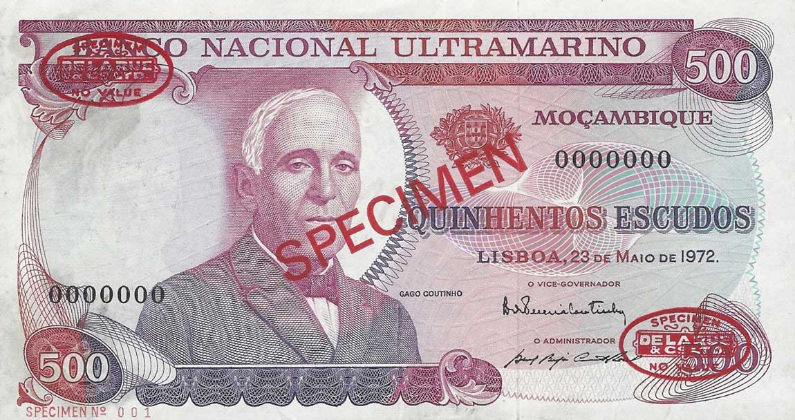 Front of Mozambique p114s: 500 Escudos from 1972