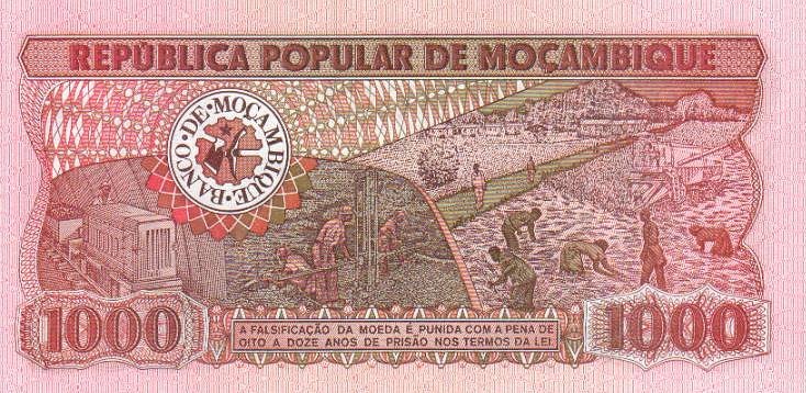 Back of Mozambique p128: 1000 Meticas from 1980