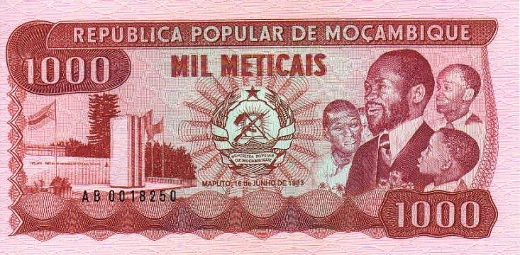 Front of Mozambique p128: 1000 Meticas from 1980