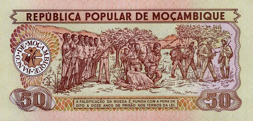 Back of Mozambique p129b: 50 Meticas from 1986