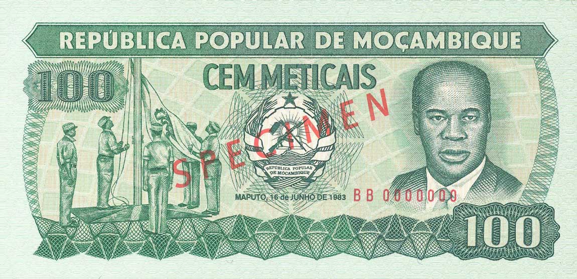 Front of Mozambique p130s: 100 Meticas from 1983