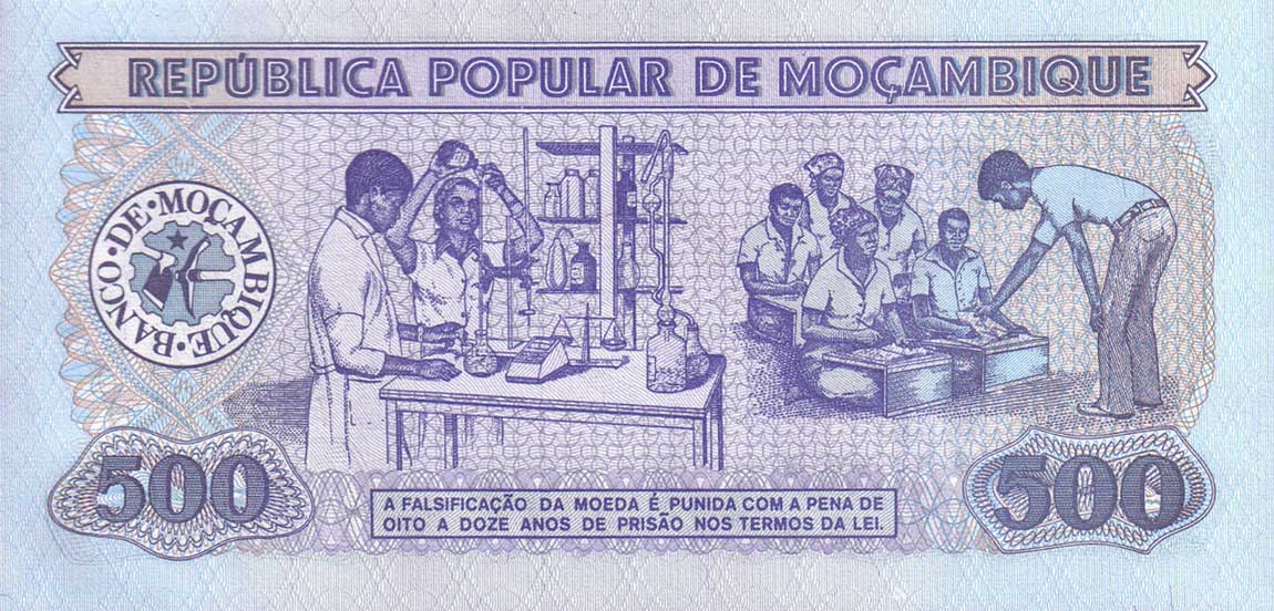 Back of Mozambique p131b: 500 Meticas from 1986