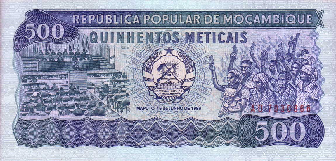 Front of Mozambique p131b: 500 Meticas from 1986