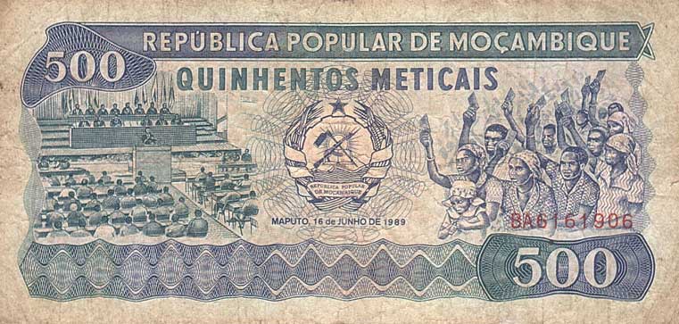 Front of Mozambique p131c: 500 Meticas from 1989