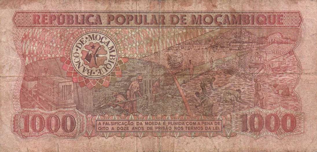 Back of Mozambique p132b: 1000 Meticas from 1986