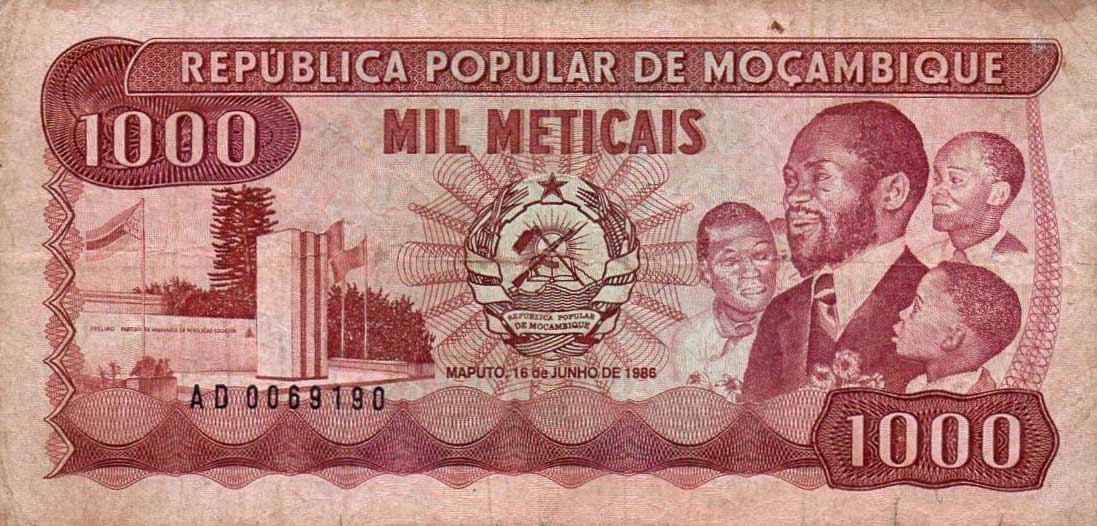 Front of Mozambique p132b: 1000 Meticas from 1986