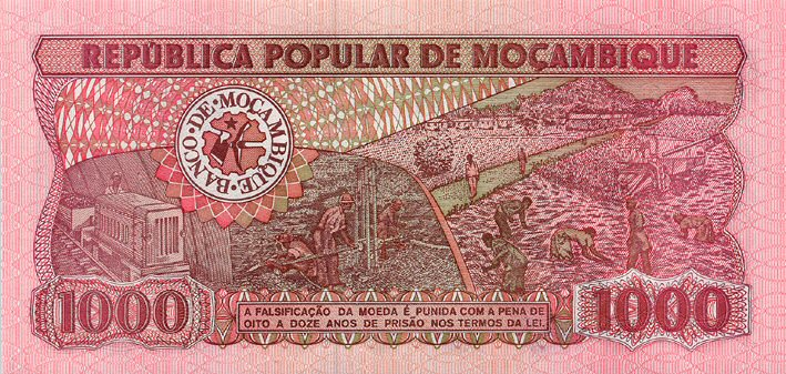 Back of Mozambique p132c: 1000 Meticas from 1989