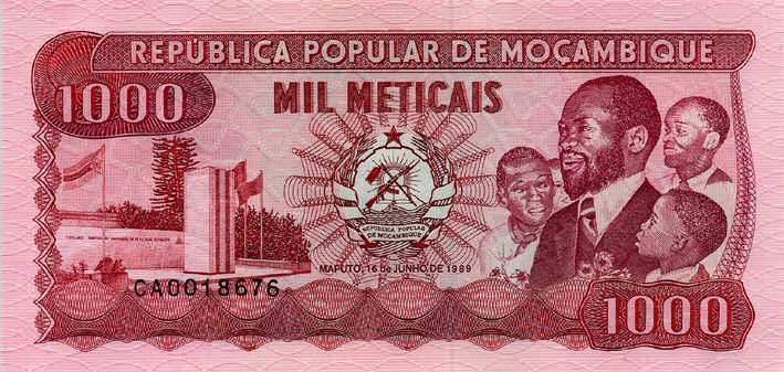 Front of Mozambique p132c: 1000 Meticas from 1989