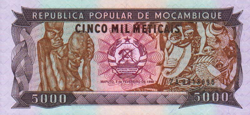 Front of Mozambique p133a: 5000 Meticas from 1988