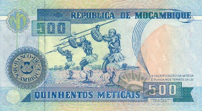 Back of Mozambique p134: 500 Meticas from 1991