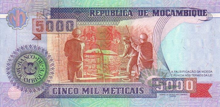 Back of Mozambique p136: 5000 Meticas from 1991