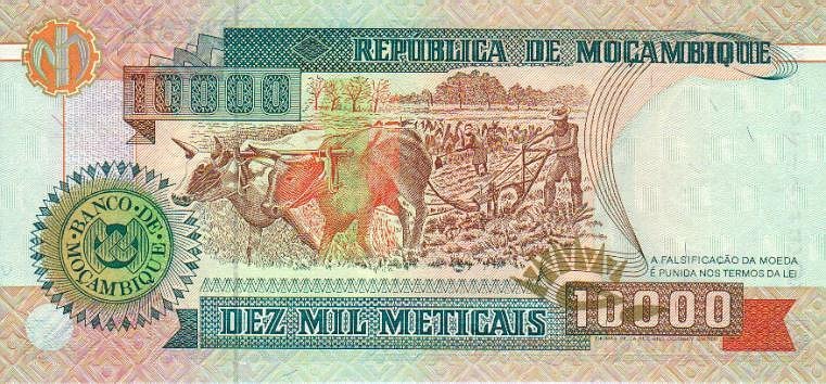 Back of Mozambique p137a: 10000 Meticas from 1991