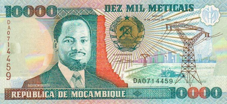 Front of Mozambique p137a: 10000 Meticas from 1991