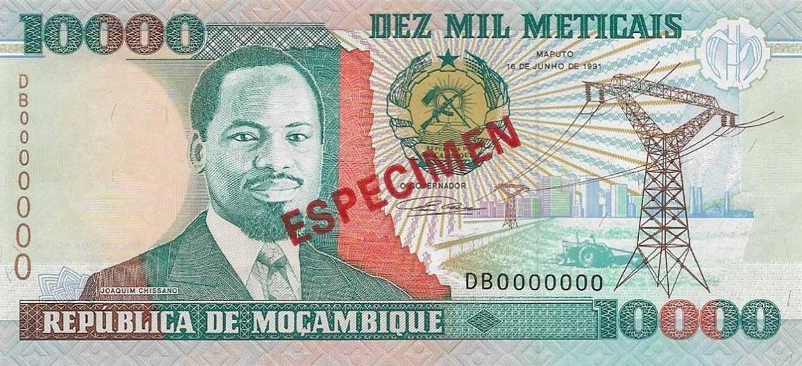 Front of Mozambique p137s: 10000 Meticas from 1991