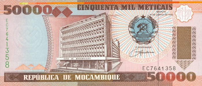 Front of Mozambique p138: 50000 Meticas from 1993