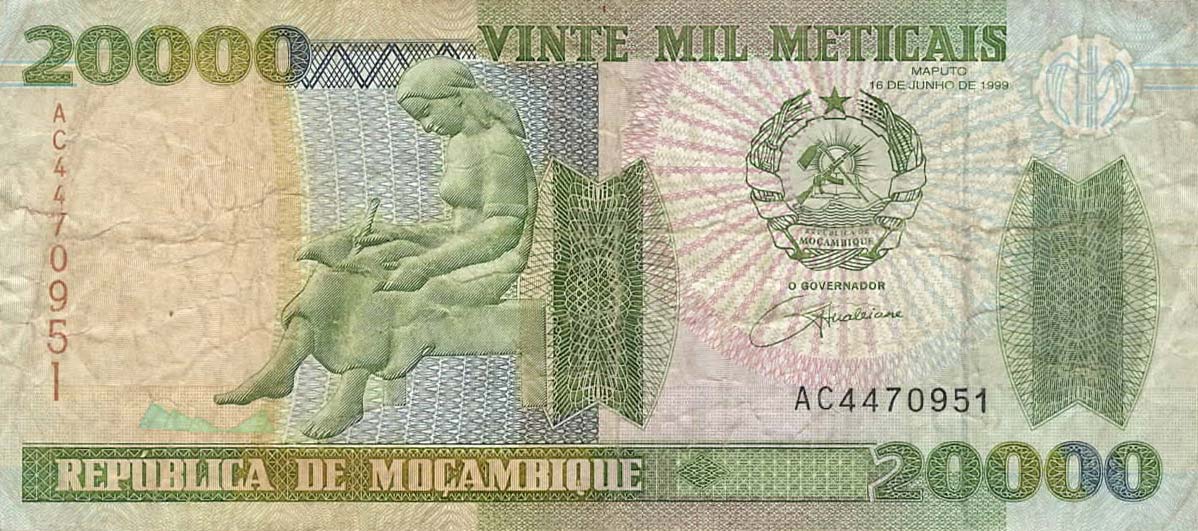 Front of Mozambique p140b: 20000 Meticas from 1999