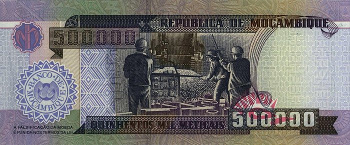 Back of Mozambique p142: 500000 Meticas from 2003
