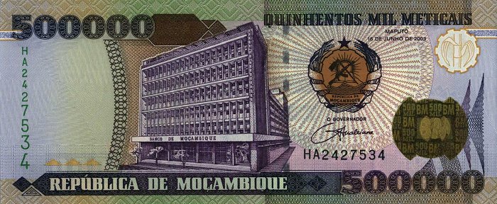 Front of Mozambique p142: 500000 Meticas from 2003