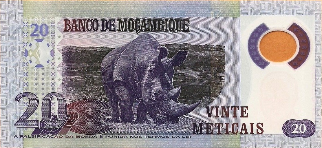 Back of Mozambique p149b: 20 Metica from 2017