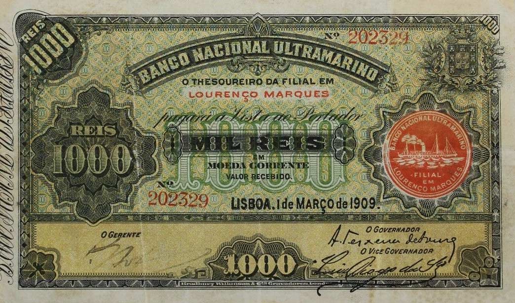 Front of Mozambique p32: 1000 Reis from 1909
