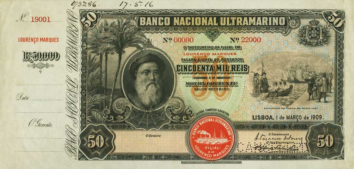 Front of Mozambique p42s: 50000 Reis from 1909