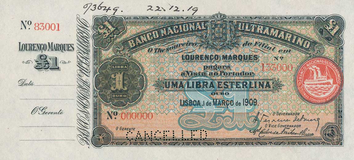 Front of Mozambique p45s: 1 Libra from 1909