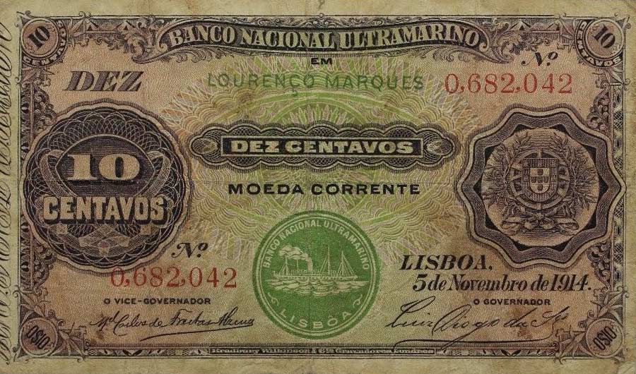 Front of Mozambique p53: 10 Centavos from 1914