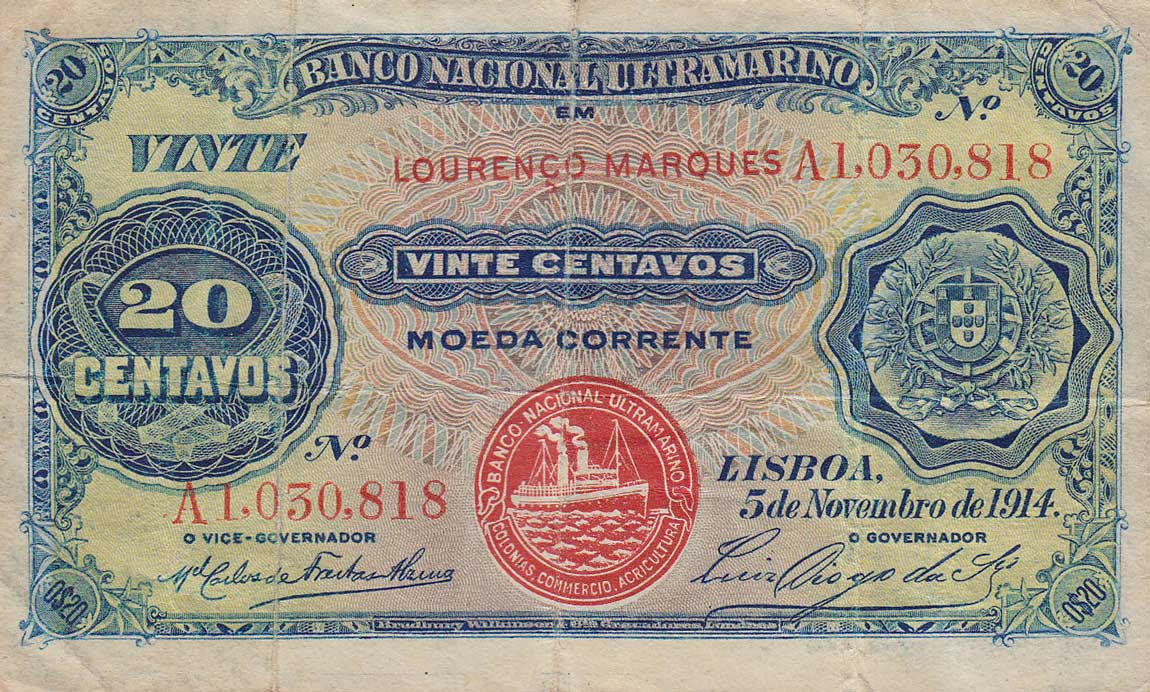 Front of Mozambique p60: 20 Centavos from 1914