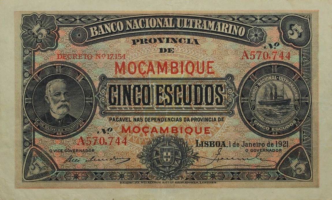 Front of Mozambique p68a: 5 Escudos from 1921