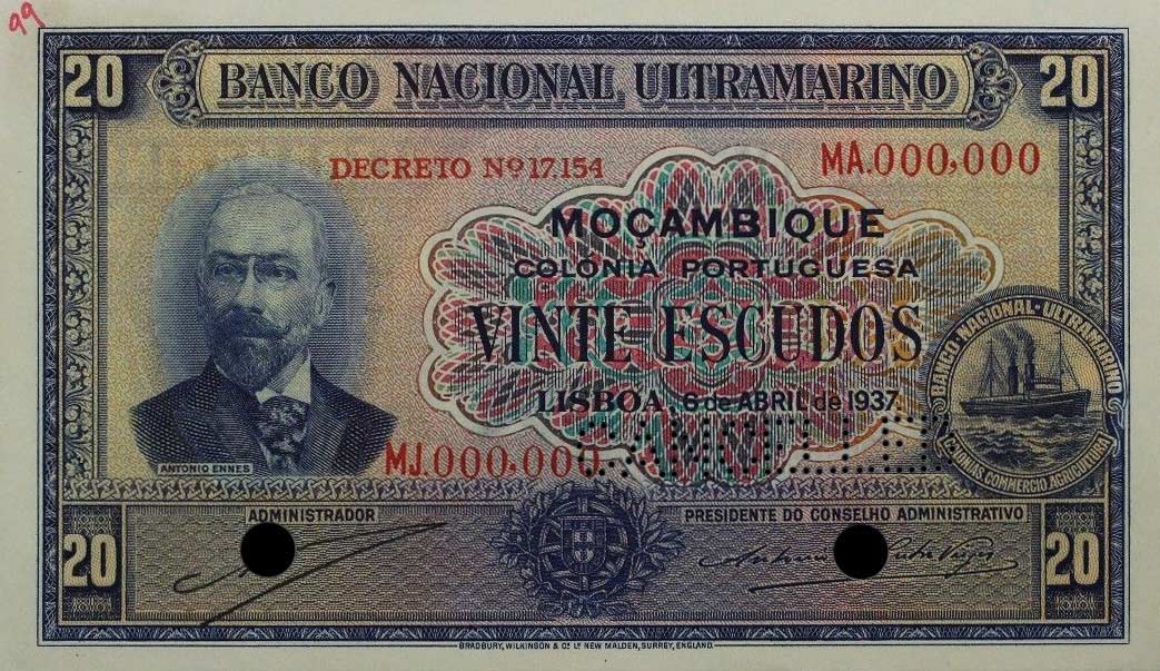 Front of Mozambique p74s: 20 Escudos from 1937