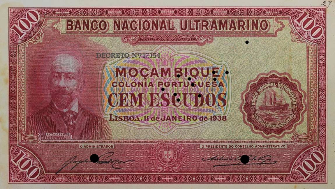 Front of Mozambique p76s: 100 Escudos from 1938