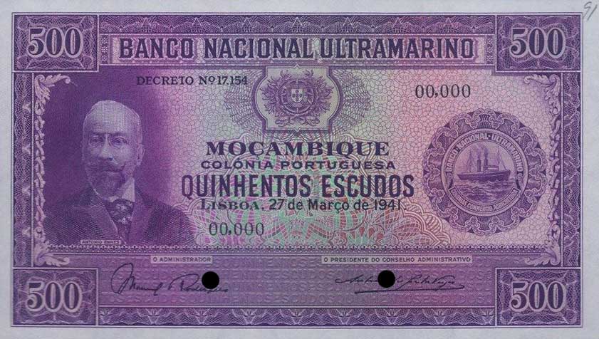 Front of Mozambique p78s: 500 Escudos from 1941