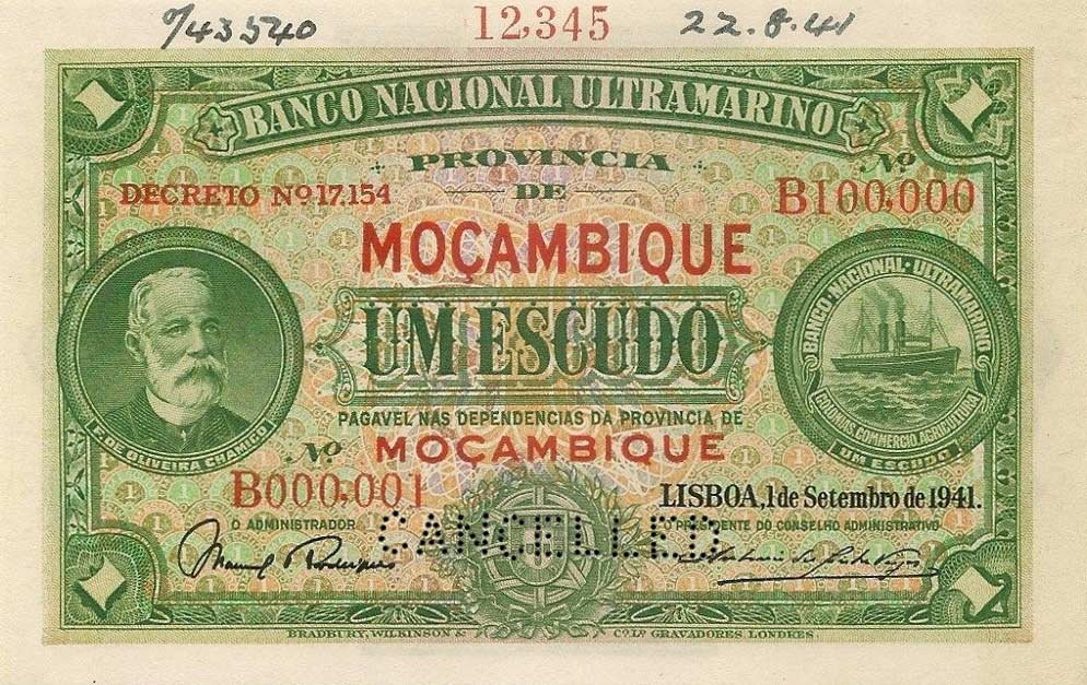 Front of Mozambique p81s: 1 Escudo from 1941