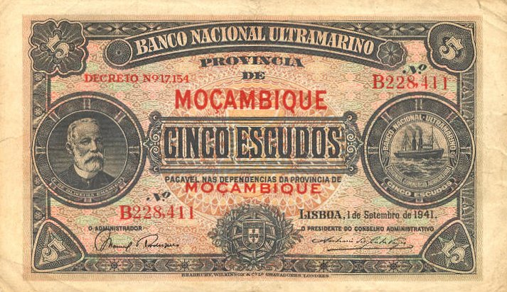 Front of Mozambique p83a: 5 Escudos from 1941