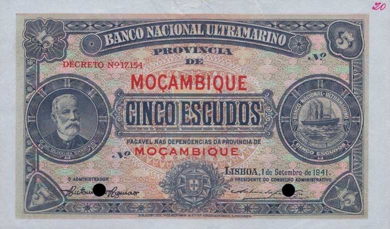 Front of Mozambique p83s: 5 Escudos from 1941