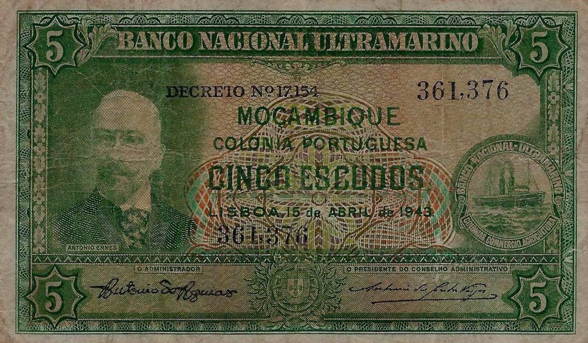 Front of Mozambique p89a: 5 Escudos from 1943