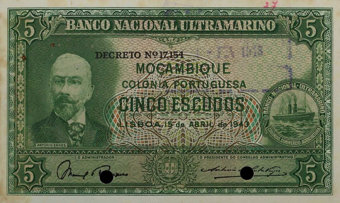 Front of Mozambique p89r: 5 Escudos from 1943
