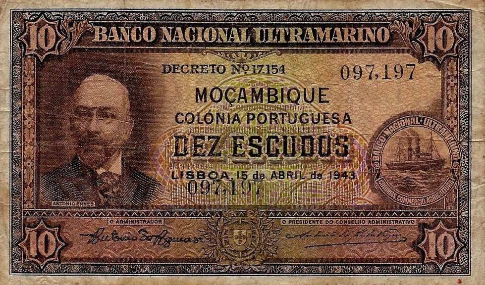 Front of Mozambique p90a: 10 Escudos from 1943