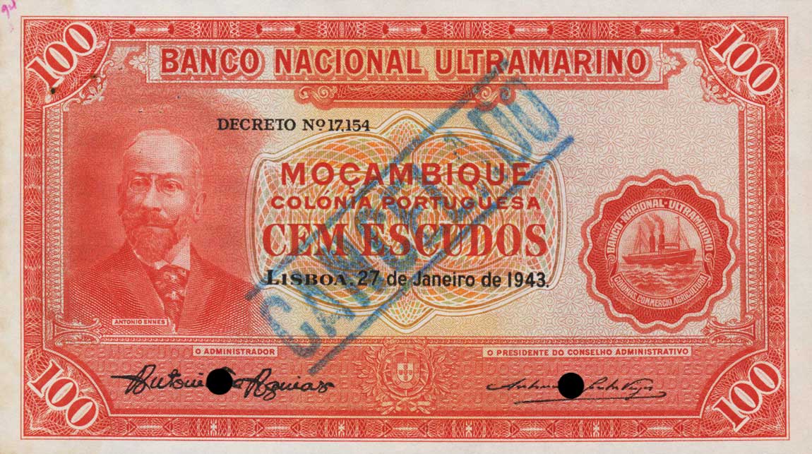 Front of Mozambique p91s: 100 Escudos from 1943