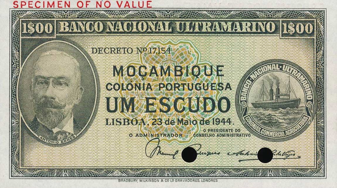 Front of Mozambique p92r: 1 Escudo from 1944