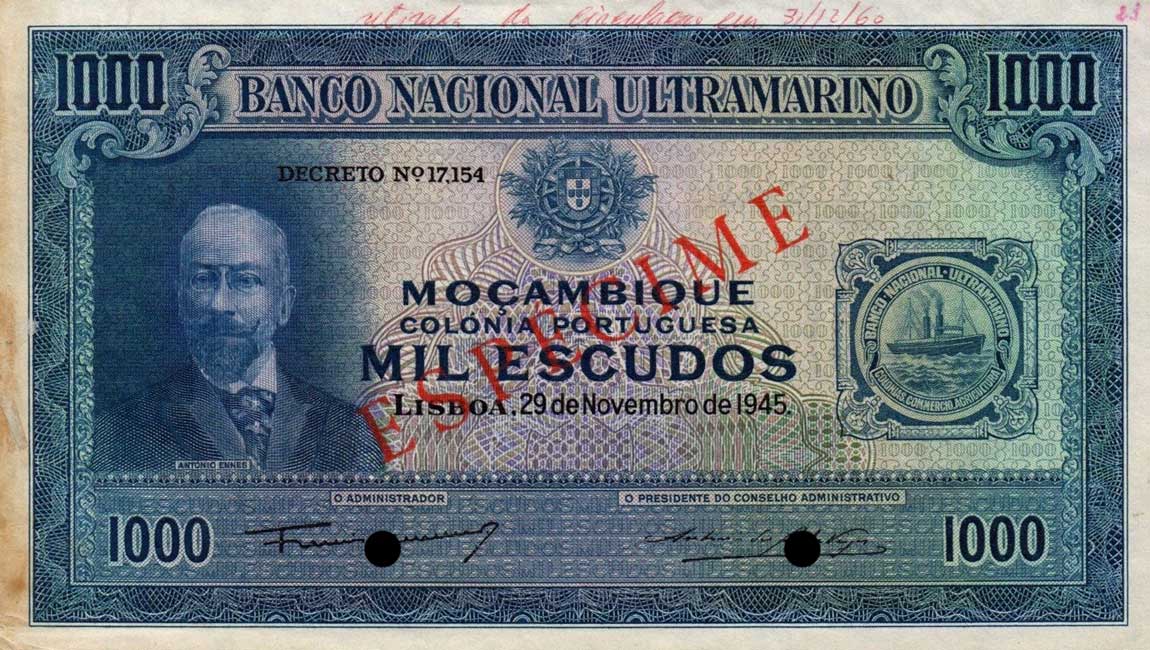 Front of Mozambique p99s: 1000 Escudos from 1945