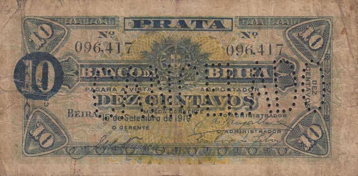 Front of Mozambique pR1b: 10 Centavos from 1919