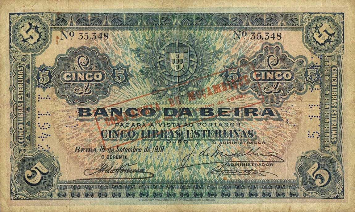 Front of Mozambique pR21A: 5 Libras from 1919