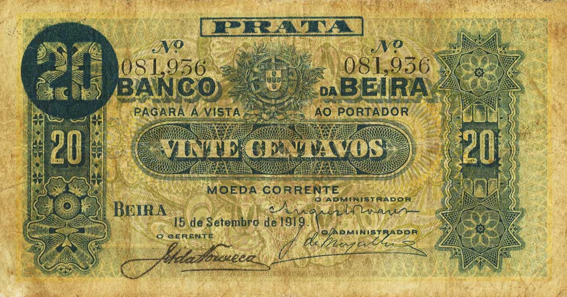 Front of Mozambique pR2a: 20 Centavos from 1919
