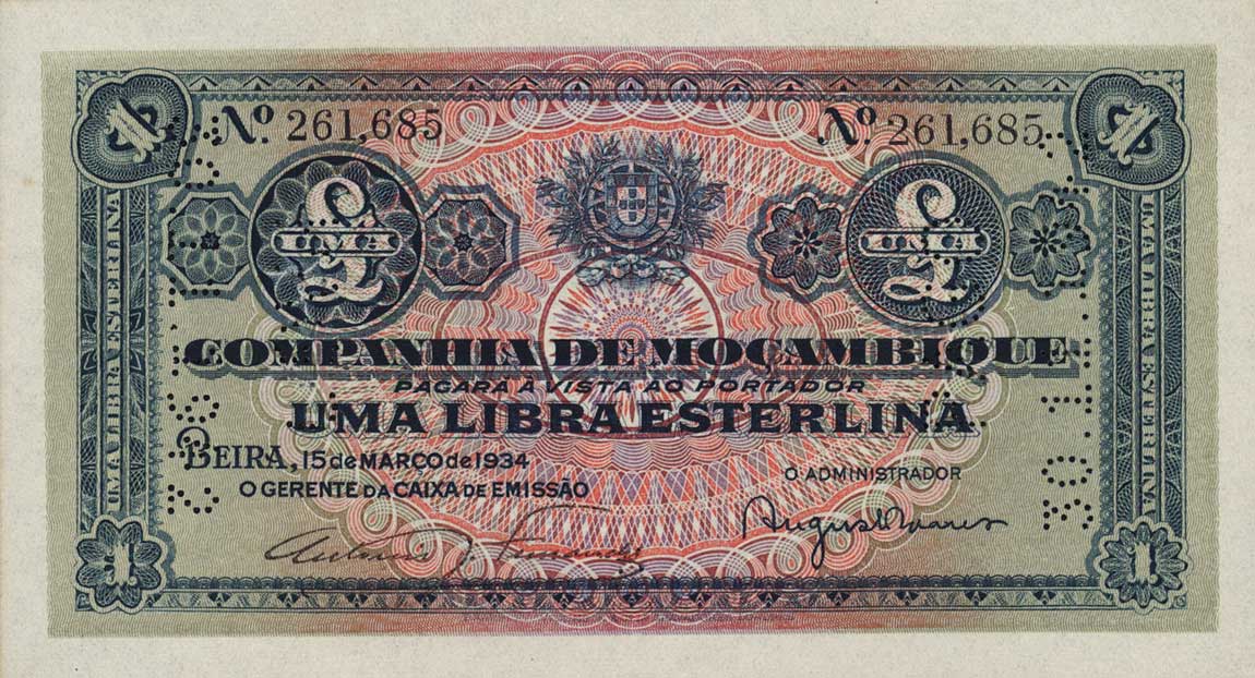 Front of Mozambique pR31: 1 Libra from 1934