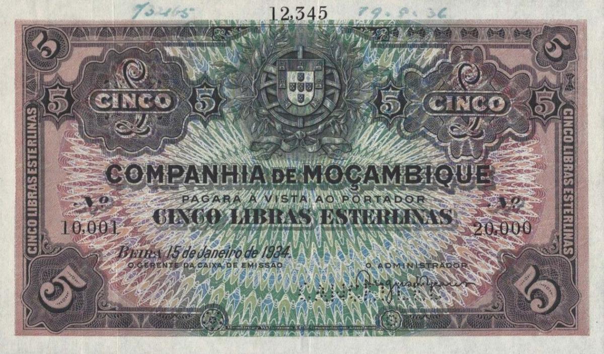 Front of Mozambique pR32s: 5 Libras from 1934